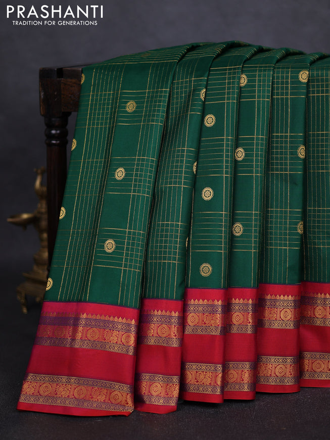Pure gadwal silk saree green and maroon with allover zari checks & buttas and rettapet zari woven border