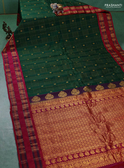 Pure gadwal silk saree green and maroon with allover zari checks & buttas and rettapet zari woven border