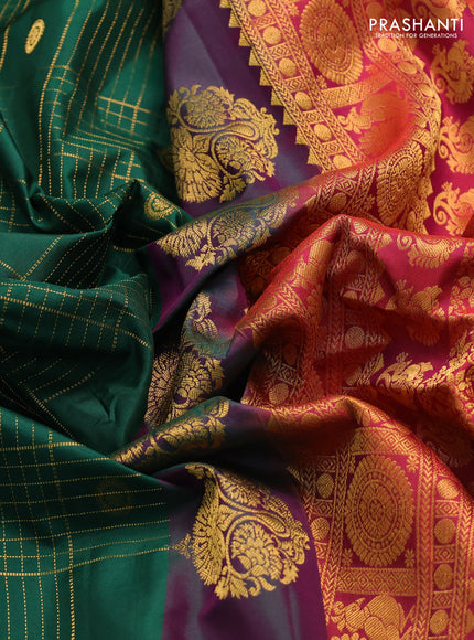 Pure gadwal silk saree green and maroon with allover zari checks & buttas and rettapet zari woven border