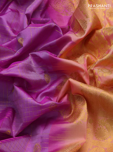 Pure gadwal silk saree lavender and peach shade with allover zari checks & buttas and rettapet zari woven border