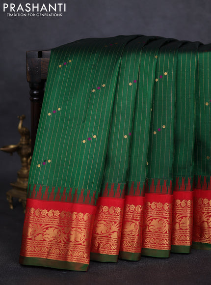 Pure gadwal silk saree green and red with allover zari weaves and zari woven border