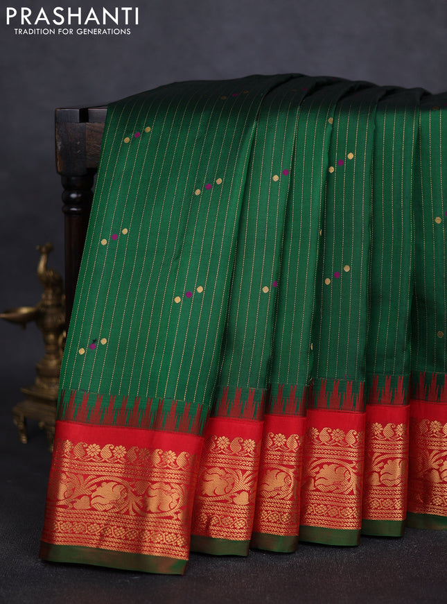 Pure gadwal silk saree green and red with allover zari weaves and zari woven border
