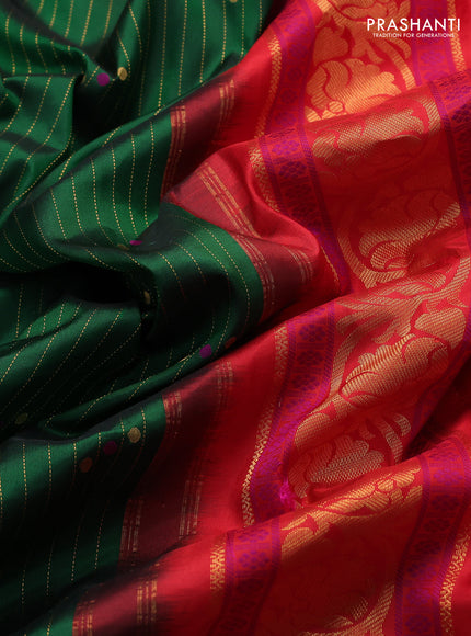 Pure gadwal silk saree green and red with allover zari weaves and zari woven border