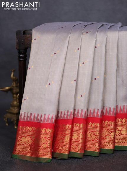 Pure gadwal silk saree grey and red with allover zari weaves and zari woven border