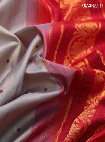 Pure gadwal silk saree grey and red with allover zari weaves and zari woven border