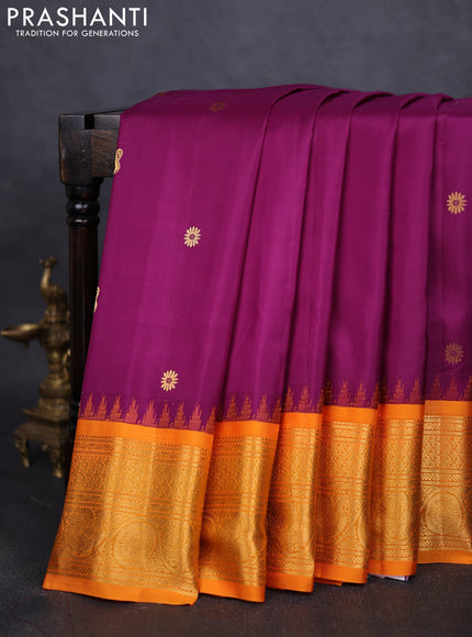Pure gadwal silk saree purple and mango yellow with zari woven paisley buttas and temple design zari woven border