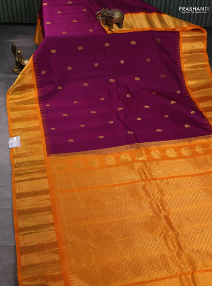 Pure gadwal silk saree purple and mango yellow with zari woven paisley buttas and temple design zari woven border