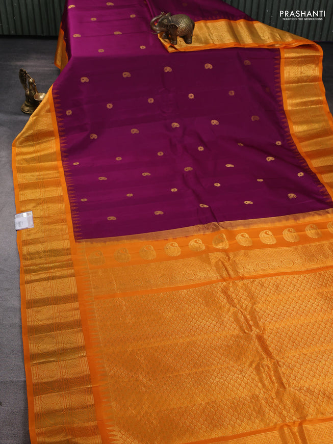 Pure gadwal silk saree purple and mango yellow with zari woven paisley buttas and temple design zari woven border