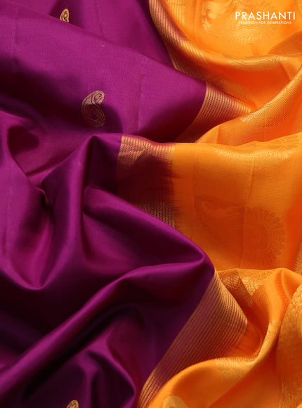 Pure gadwal silk saree purple and mango yellow with zari woven paisley buttas and temple design zari woven border