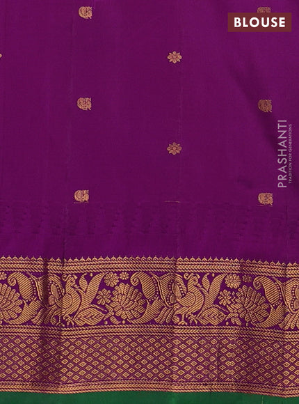 Pure gadwal silk saree peach pink and purple with allover checked pattern and temple design zari woven border