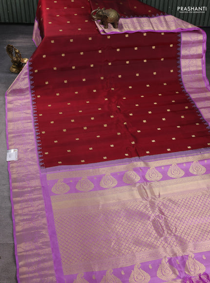 Pure gadwal silk saree maroon and lavender with annam zari woven buttas and temple design zari woven border