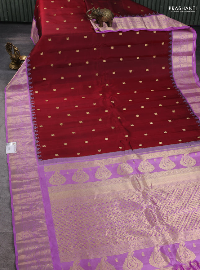 Pure gadwal silk saree maroon and lavender with annam zari woven buttas and temple design zari woven border