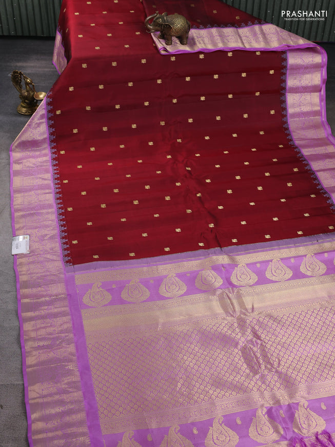 Pure gadwal silk saree maroon and lavender with annam zari woven buttas and temple design zari woven border