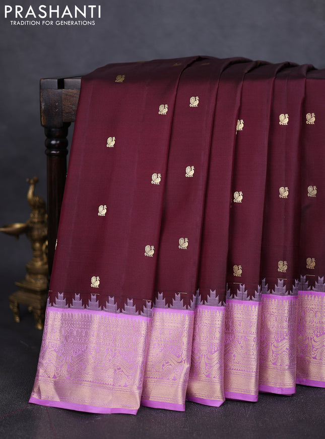 Pure gadwal silk saree deep maroon and lavender with annam zari woven buttas and temple design zari woven border