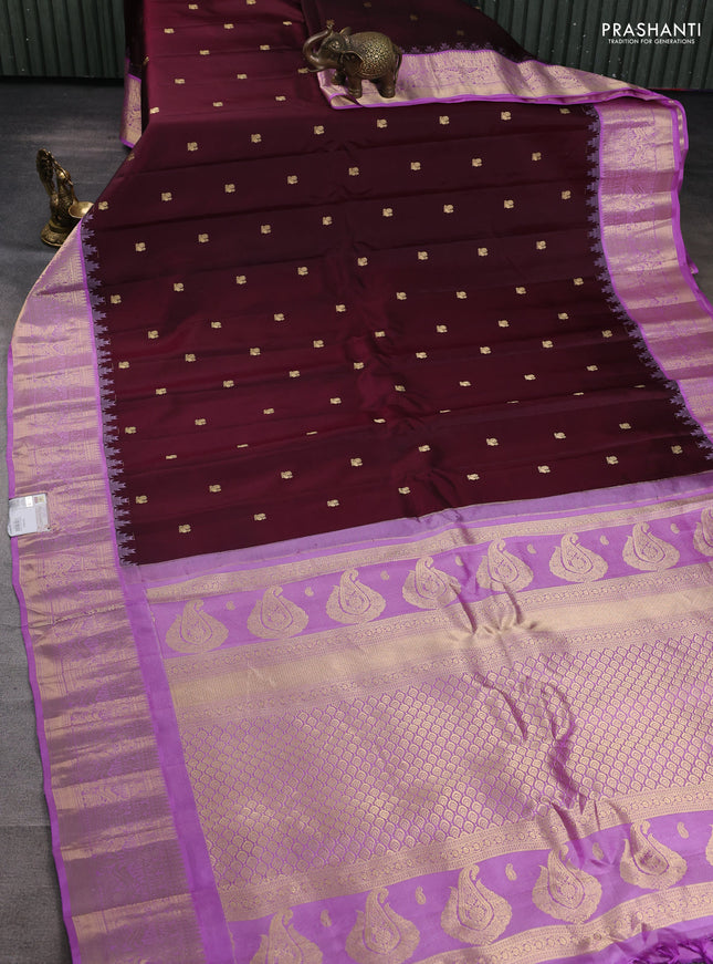 Pure gadwal silk saree deep maroon and lavender with annam zari woven buttas and temple design zari woven border
