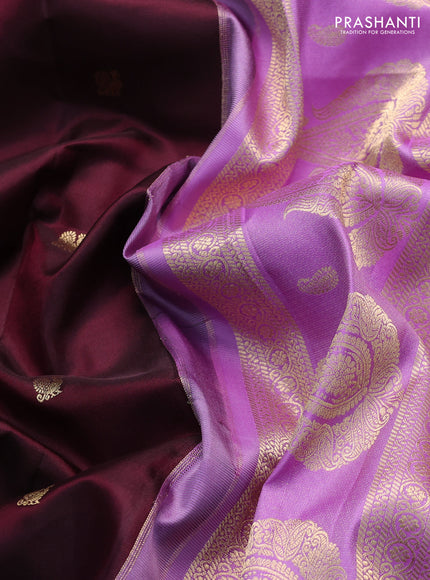 Pure gadwal silk saree deep maroon and lavender with annam zari woven buttas and temple design zari woven border