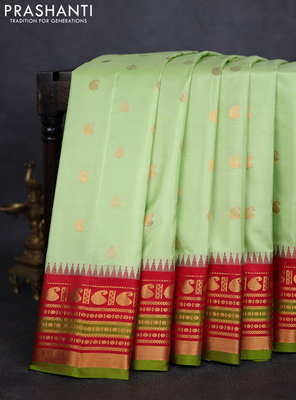 Pure gadwal silk saree pista green and red with zari woven buttas and zari woven border