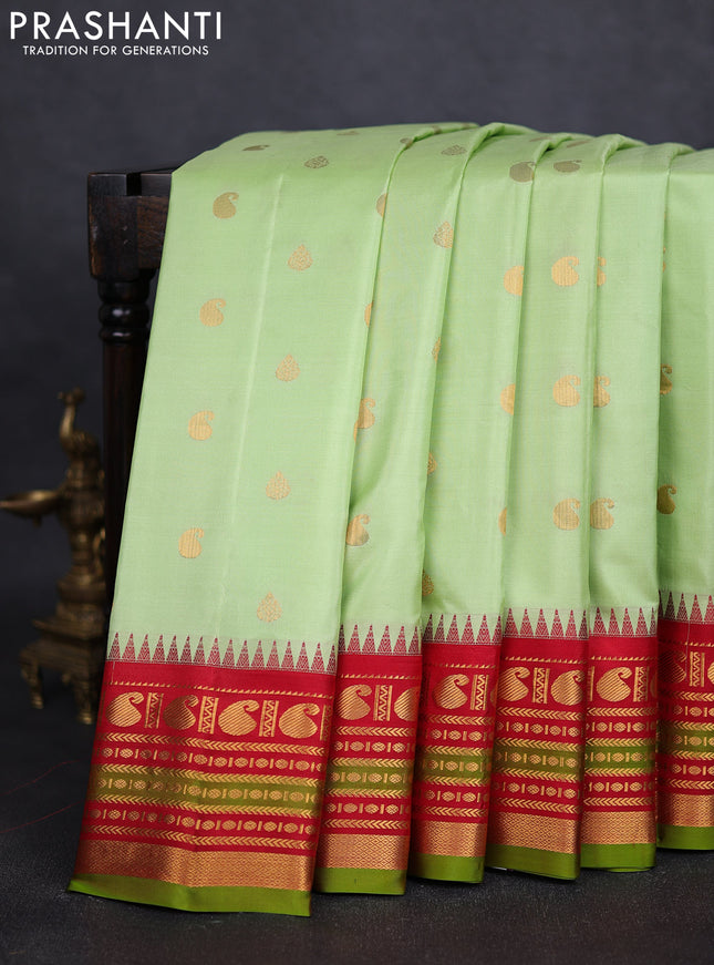 Pure gadwal silk saree pista green and red with zari woven buttas and zari woven border