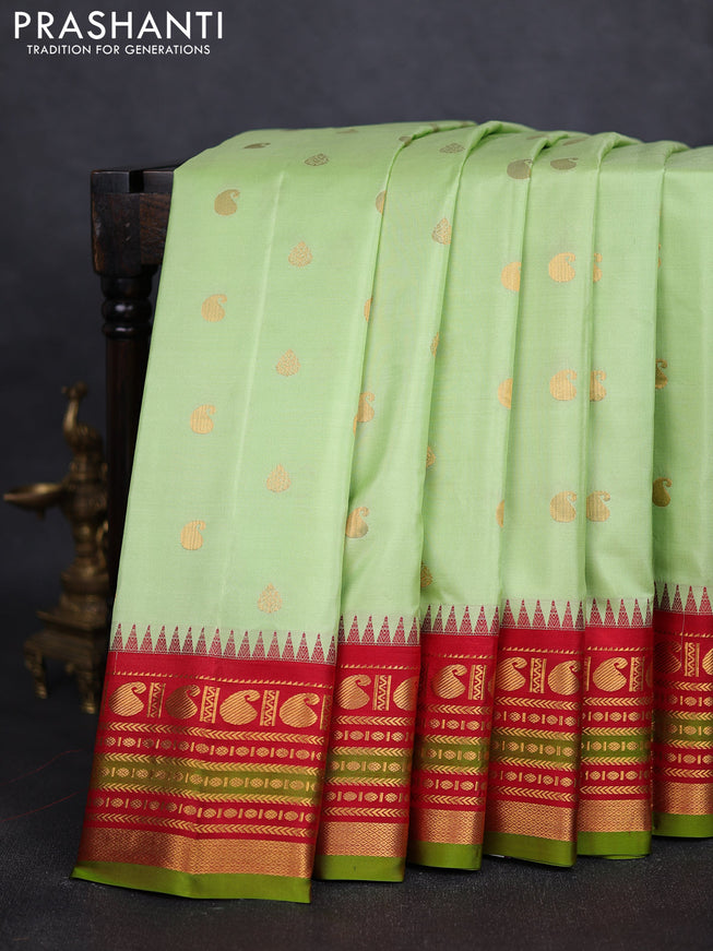 Pure gadwal silk saree pista green and red with zari woven buttas and zari woven border