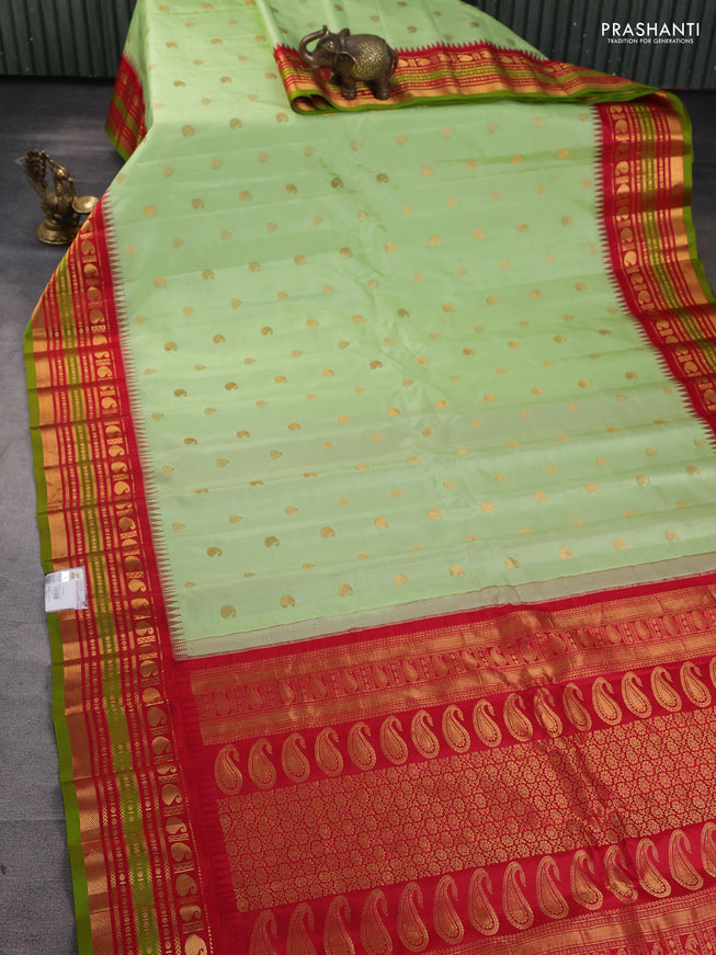Pure gadwal silk saree pista green and red with zari woven buttas and zari woven border