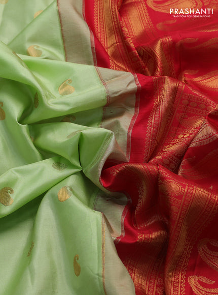 Pure gadwal silk saree pista green and red with zari woven buttas and zari woven border