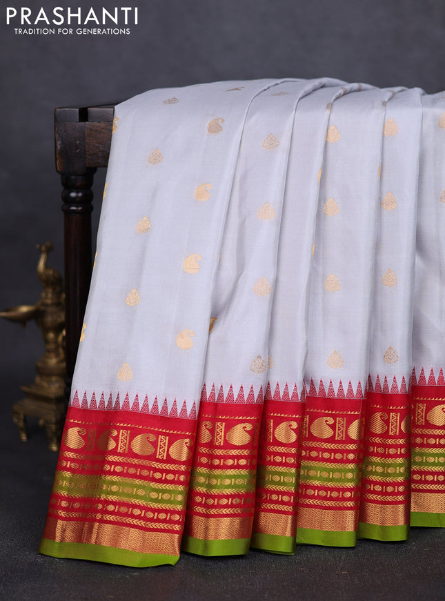 Pure gadwal silk saree grey and red with zari woven buttas and zari woven border