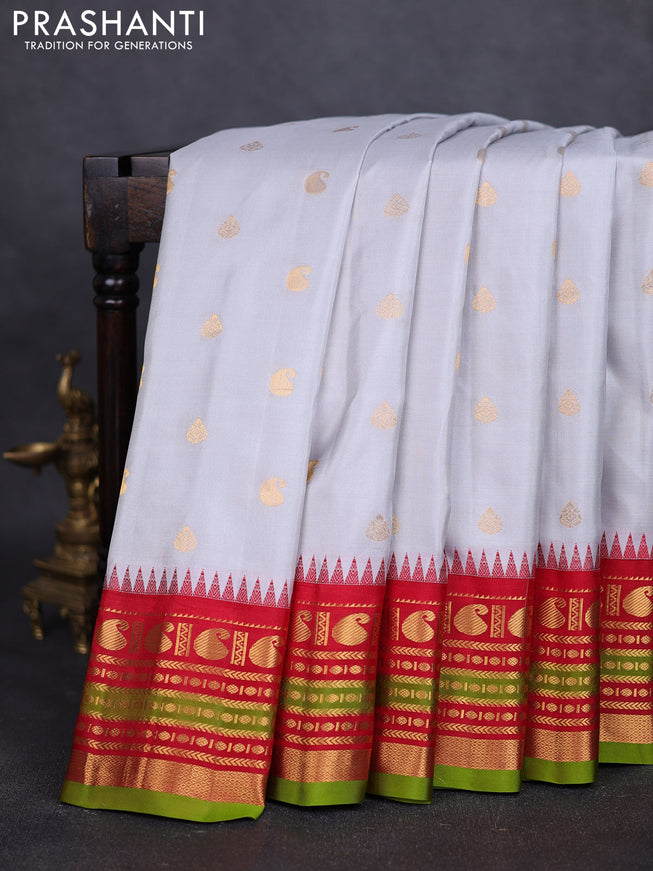 Pure gadwal silk saree grey and red with zari woven buttas and zari woven border
