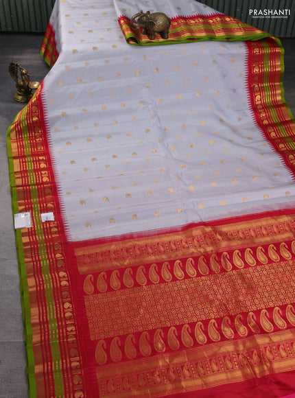 Pure gadwal silk saree grey and red with zari woven buttas and zari woven border