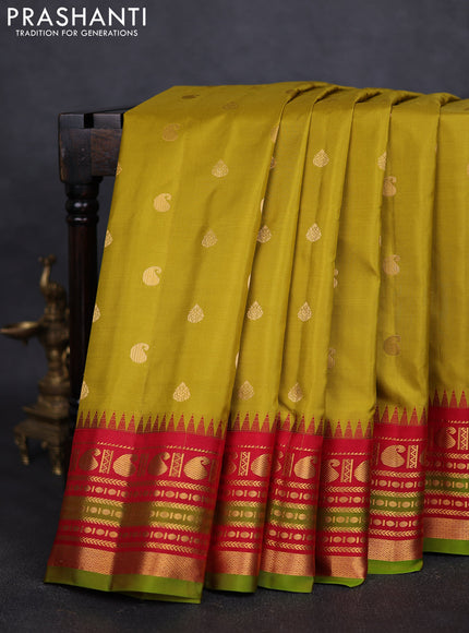 Pure gadwal silk saree lime green and red with zari woven paisley buttas and temple design zari woven border