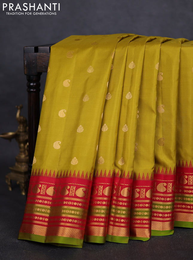 Pure gadwal silk saree lime green and red with zari woven paisley buttas and temple design zari woven border