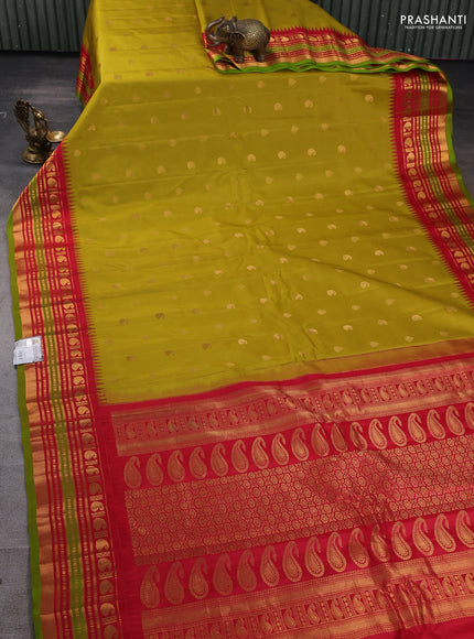 Pure gadwal silk saree lime green and red with zari woven paisley buttas and temple design zari woven border