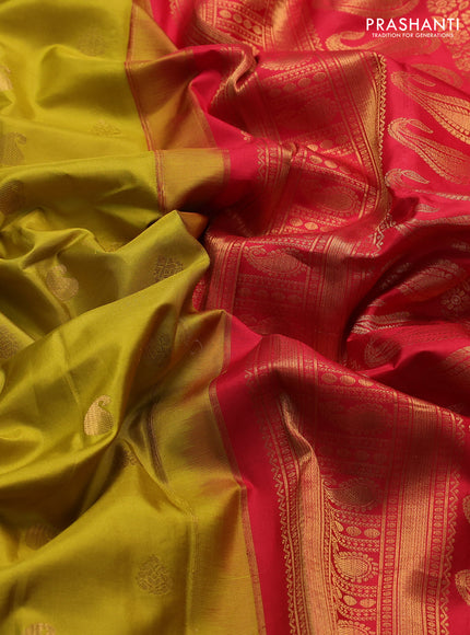 Pure gadwal silk saree lime green and red with zari woven paisley buttas and temple design zari woven border
