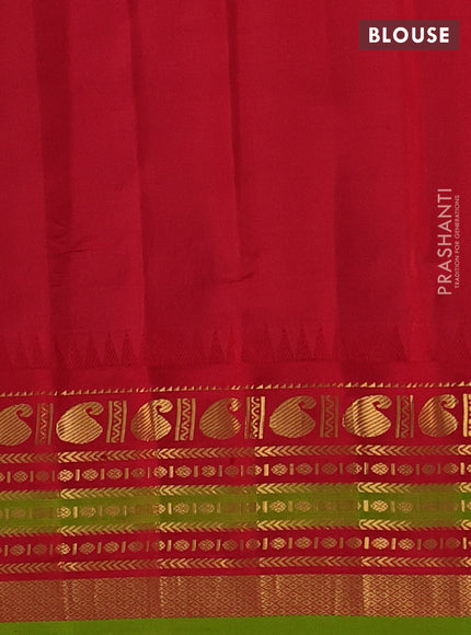Pure gadwal silk saree lime green and red with zari woven paisley buttas and temple design zari woven border