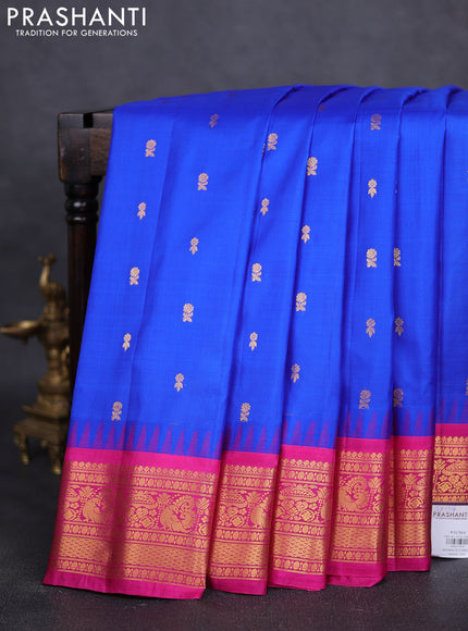 Pure gadwal silk saree blue and pink with zari woven buttas and temple design zari woven border