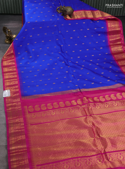Pure gadwal silk saree blue and pink with zari woven buttas and temple design zari woven border