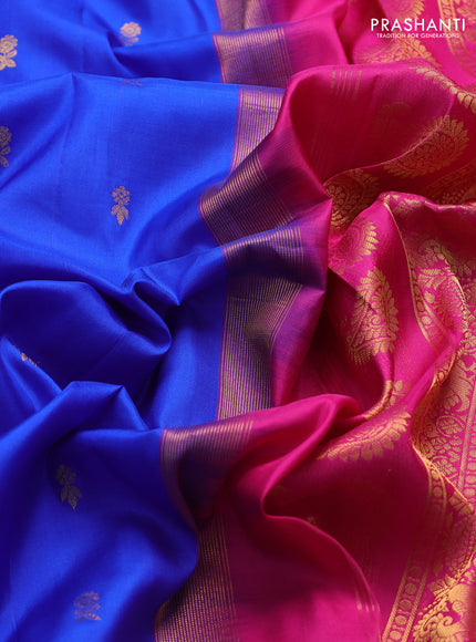 Pure gadwal silk saree blue and pink with zari woven buttas and temple design zari woven border