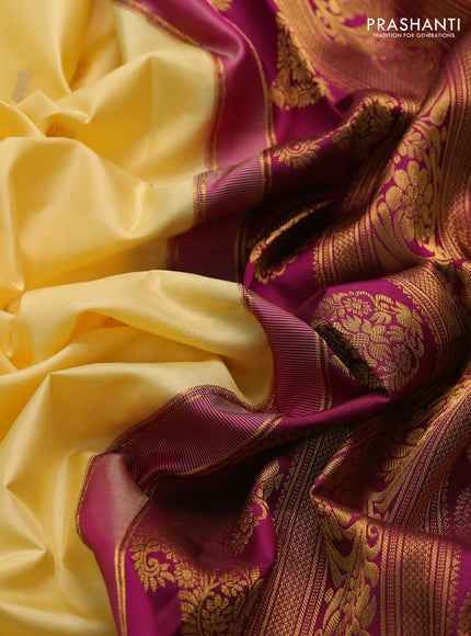 Pure gadwal silk saree pale yellow and purple with silver zari woven buttas and rettapet zari woven border