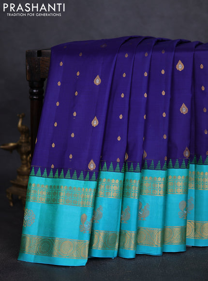 Pure gadwal silk saree blue and teal blue with zari woven buttas and rettapet zari woven border