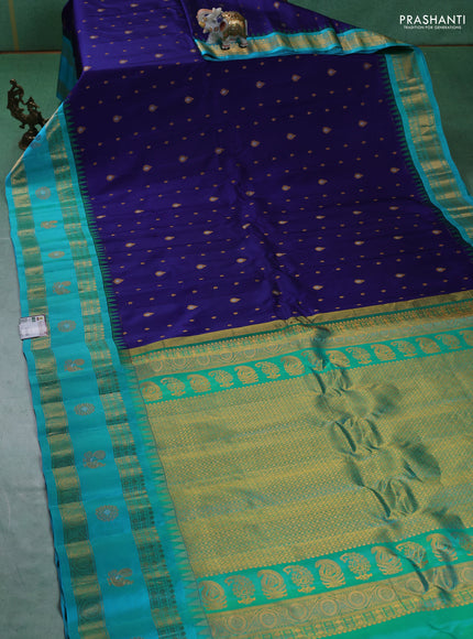Pure gadwal silk saree blue and teal blue with zari woven buttas and rettapet zari woven border