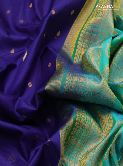 Pure gadwal silk saree blue and teal blue with zari woven buttas and rettapet zari woven border