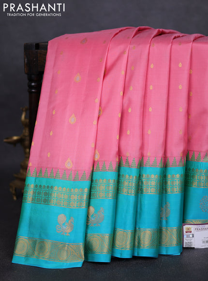 Pure gadwal silk saree pastel pink and teal blue with zari woven buttas and rettapet zari woven border