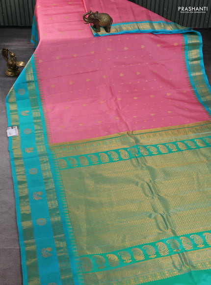 Pure gadwal silk saree pastel pink and teal blue with zari woven buttas and rettapet zari woven border