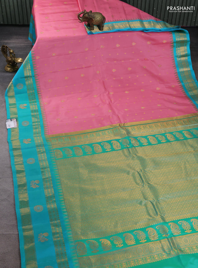 Pure gadwal silk saree pastel pink and teal blue with zari woven buttas and rettapet zari woven border
