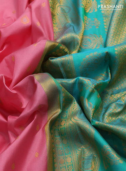 Pure gadwal silk saree pastel pink and teal blue with zari woven buttas and rettapet zari woven border