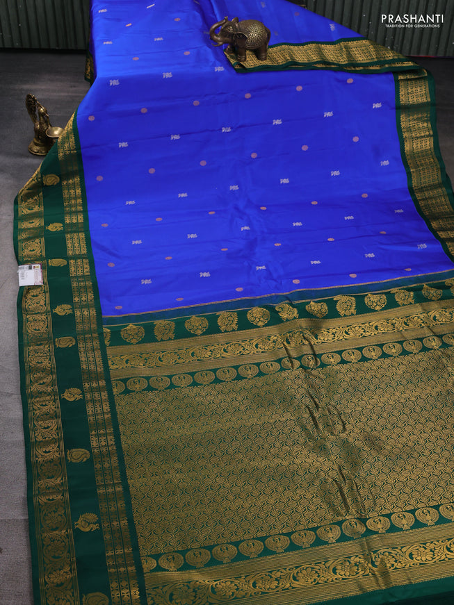Pure gadwal silk saree royal blue and green with silver & gold zari woven buttas and rettapet zari woven border