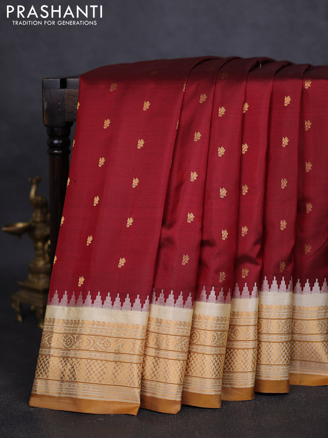 Pure gadwal silk saree maroon and sandal with zari woven buttas and zari woven border