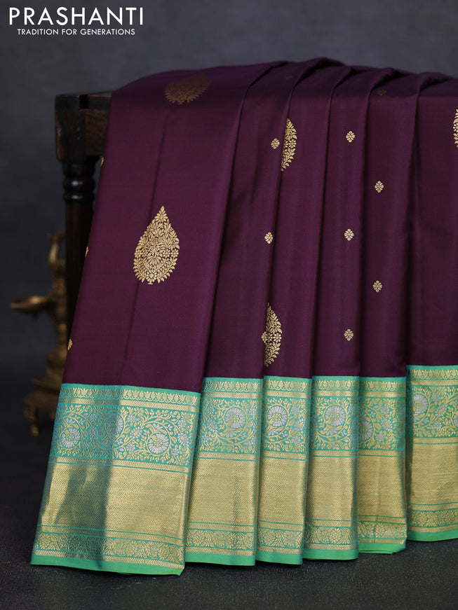 Pure gadwal silk saree deep jamun and green shade with zari woven buttas and zari woven border