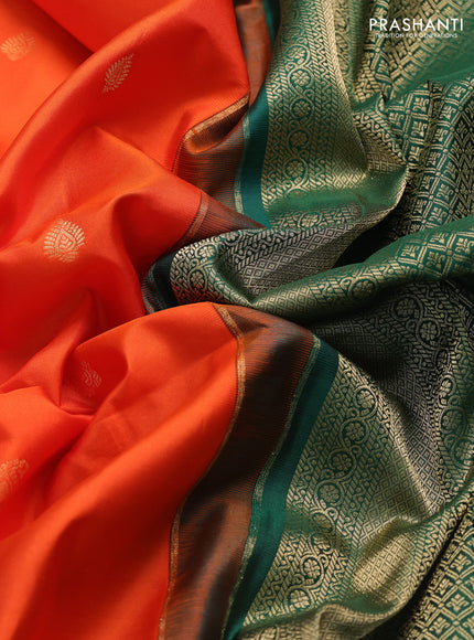 Pure gadwal silk saree orange and bottle green with paisley zari woven buttas and temple design zari woven border