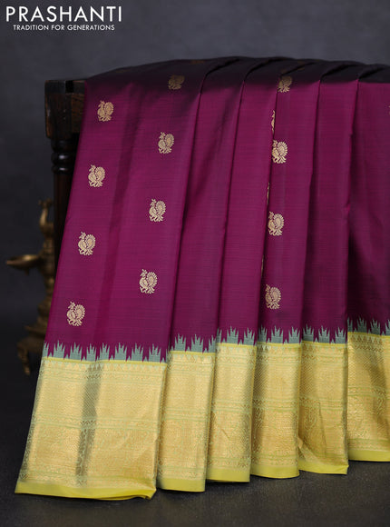 Pure gadwal silk saree purple and lime yellow with annam zari woven buttas and zari woven border