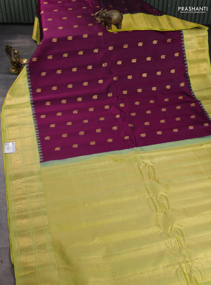 Pure gadwal silk saree purple and lime yellow with annam zari woven buttas and zari woven border